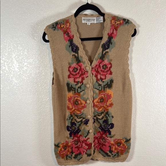 The Eagles Eye Tan Floral Button Down Sweater Vest Scallop Edge Size Medium - Picture 1 of 6